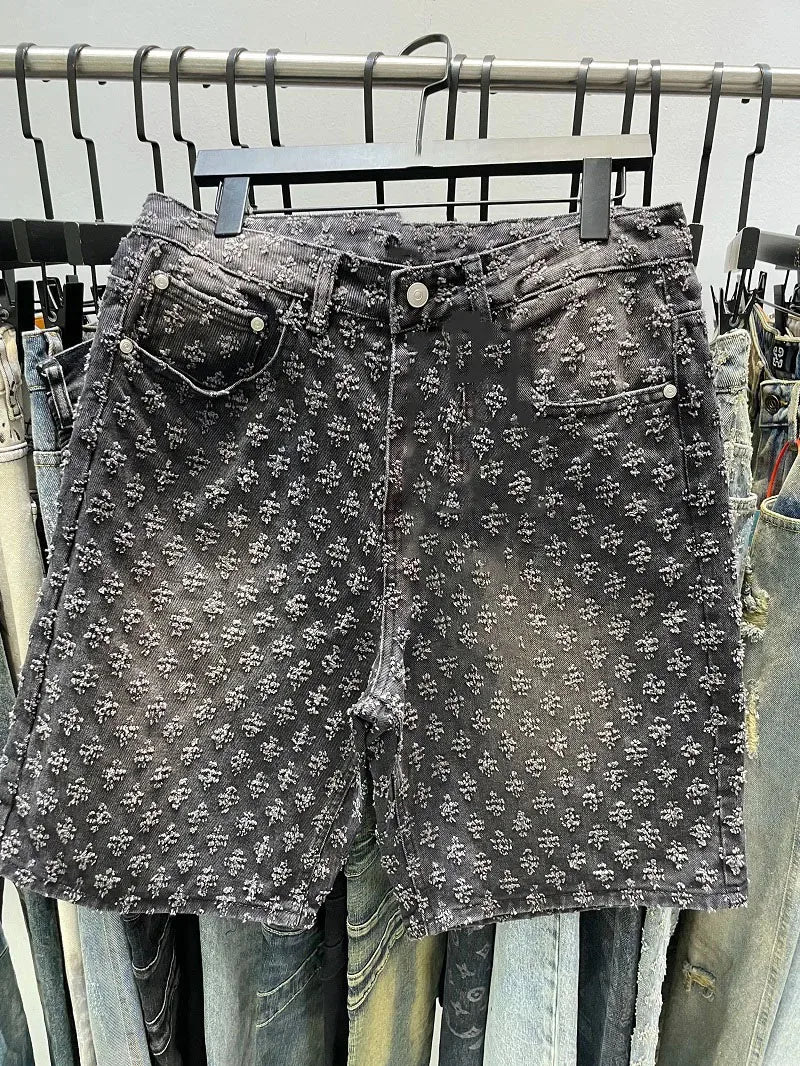 Jacquard Pattern Denim Jeans Short