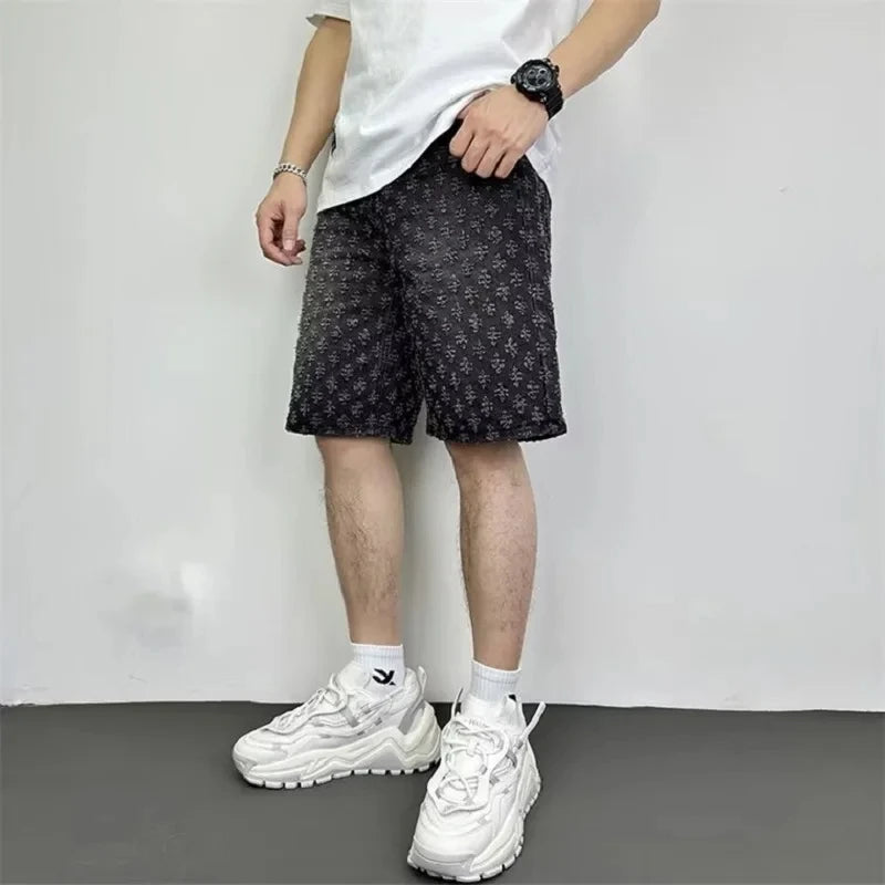 Jacquard Pattern Denim Jeans Short