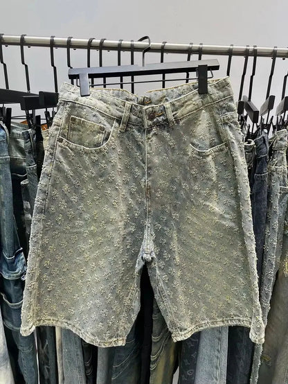 Jacquard Pattern Denim Jeans Short