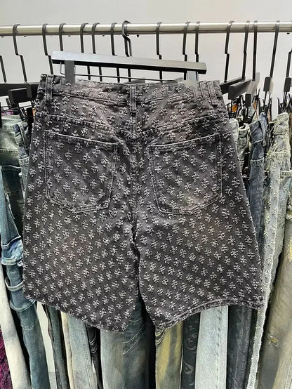 Jacquard Pattern Denim Jeans Short